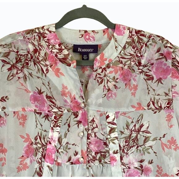 New Roaman's 2 Pcs Tunic Blouse Set Sz 20 Pearl Grey Blooming Rose Button Front - Picture 4 of 14